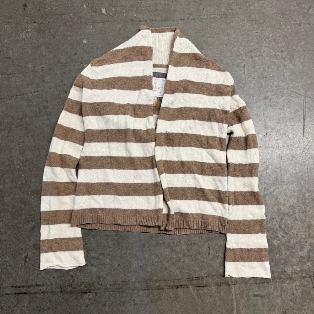 American Eagle Striped Open Front Cardigan Shawl Collar Tan Cream Womens XS